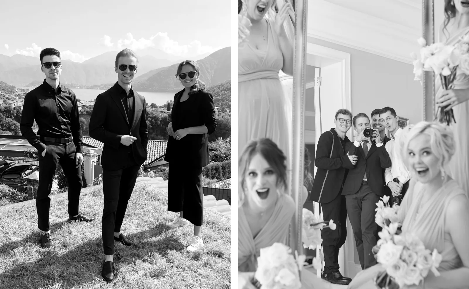 Il team Fontana su una collina sopra un lago e mentre fotografa le damigelle a un matrimonio
